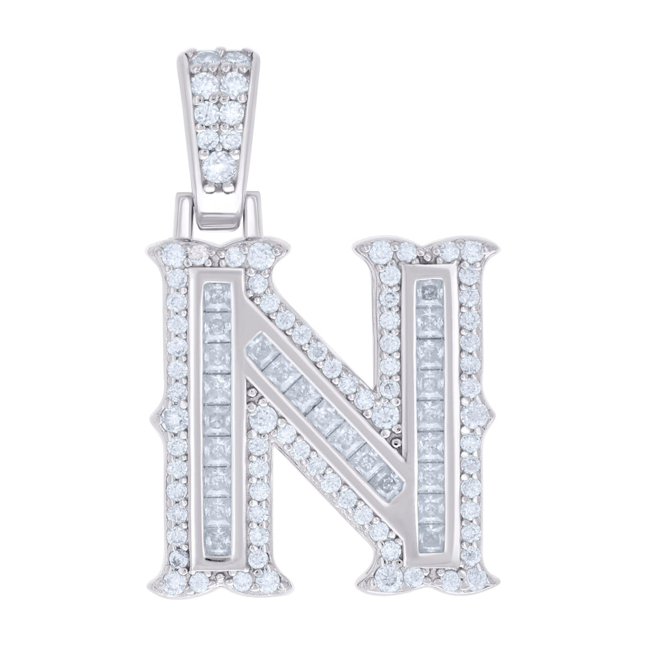 925 Sterling Silver Unisex Baguette Round Moissanite 0.59ct Initial Alphabet N Charm Pendant