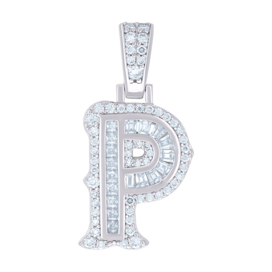 925 Sterling Silver Unisex Baguette Round Moissanite 0.45ct Initial Alphabet P Charm Pendant