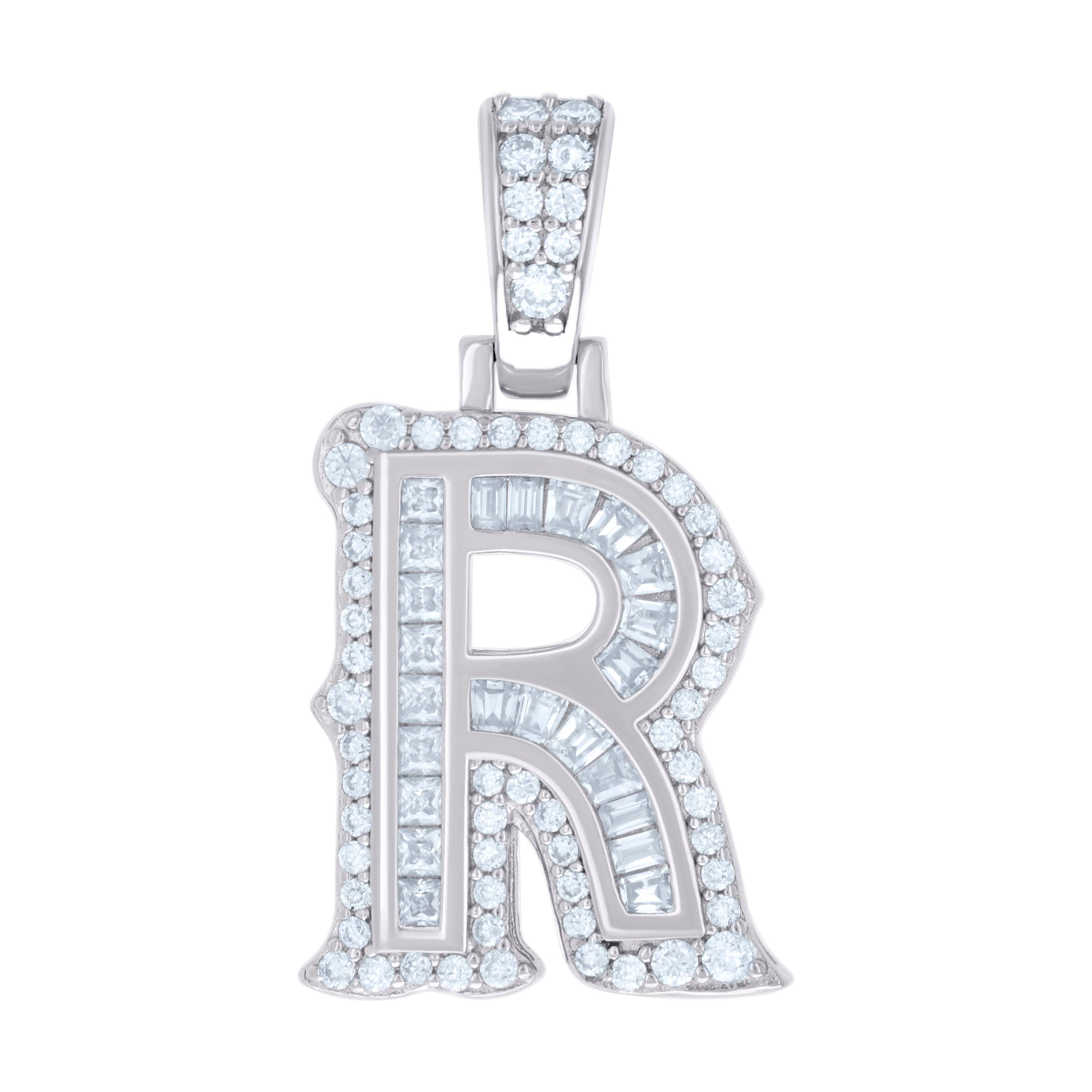 925 Sterling Silver Unisex Baguette Round Moissanite 0.48ct Initial Alphabet R Charm Pendant