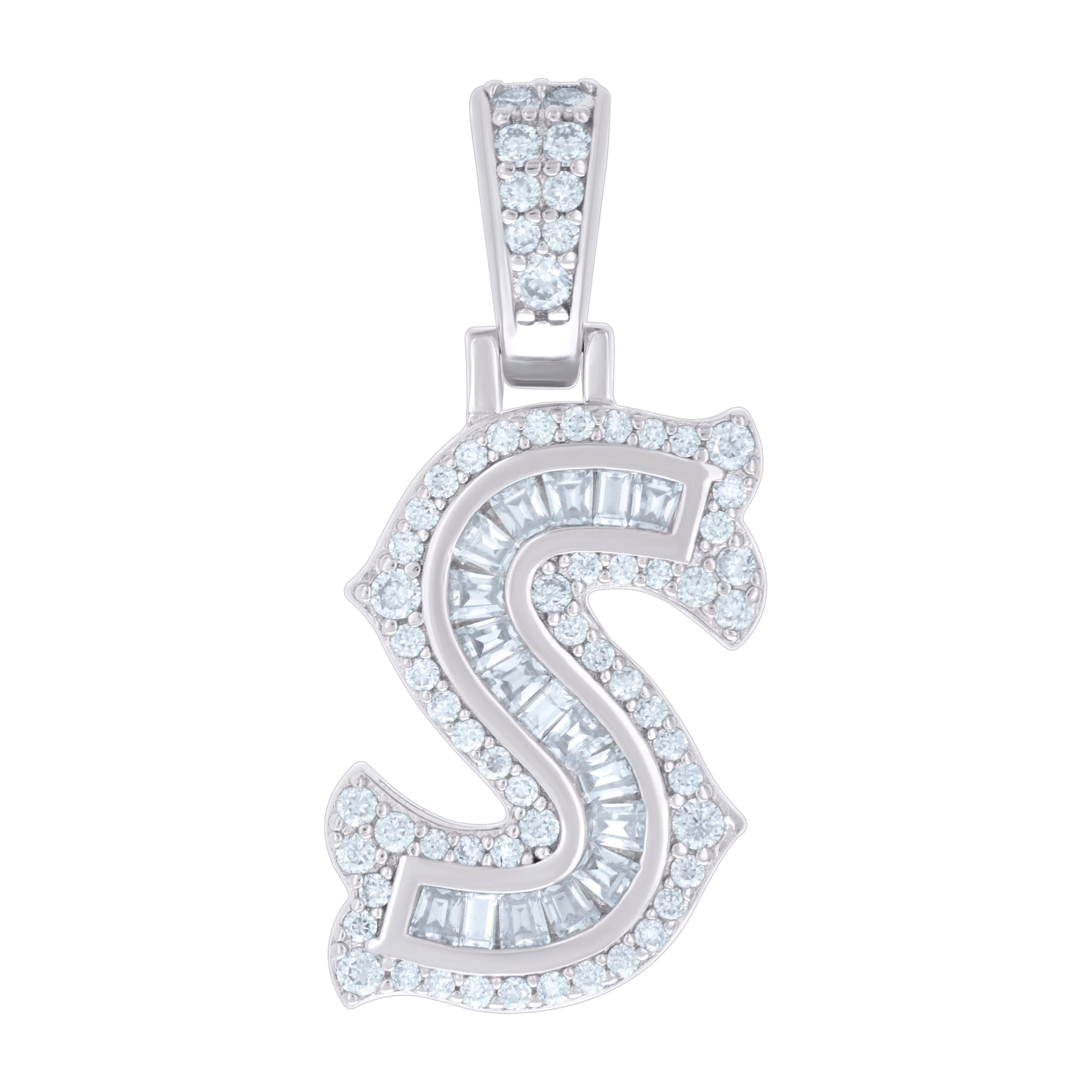 925 Sterling Silver Unisex Baguette Round Moissanite 0.49ct Initial Alphabet S Charm Pendant