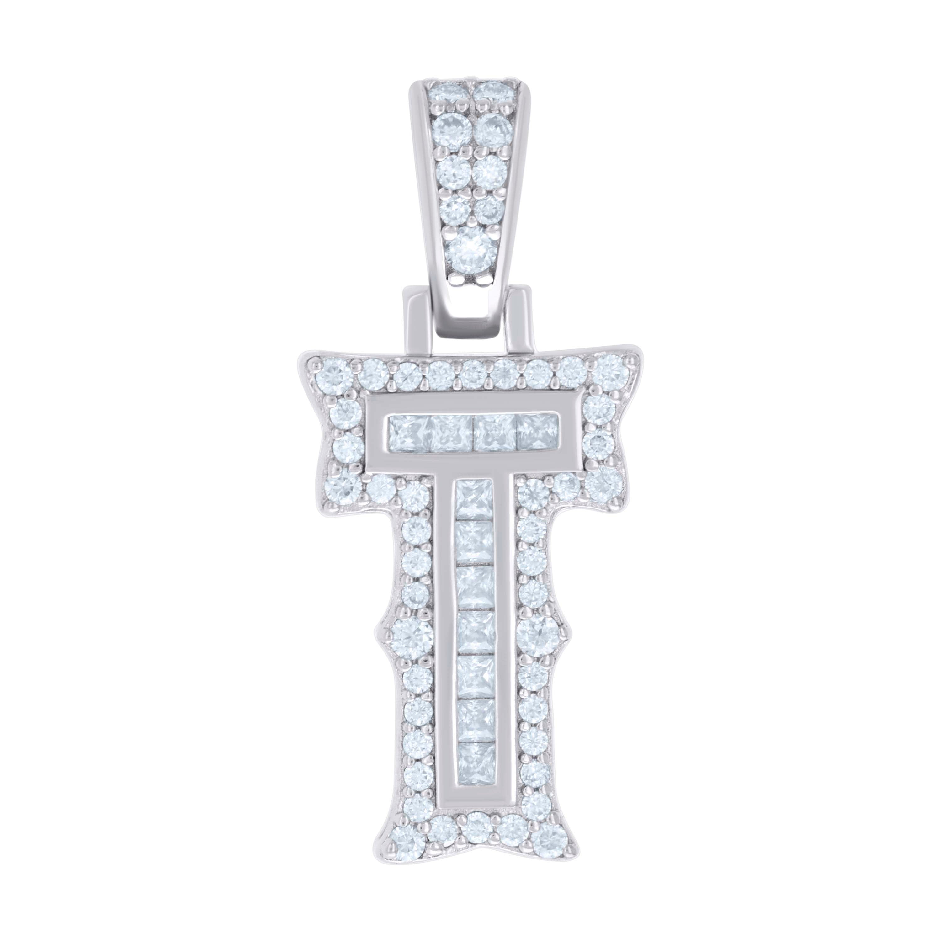 925 Sterling Silver Unisex Baguette Round Moissanite 0.44ct Initial Alphabet T Charm Pendant