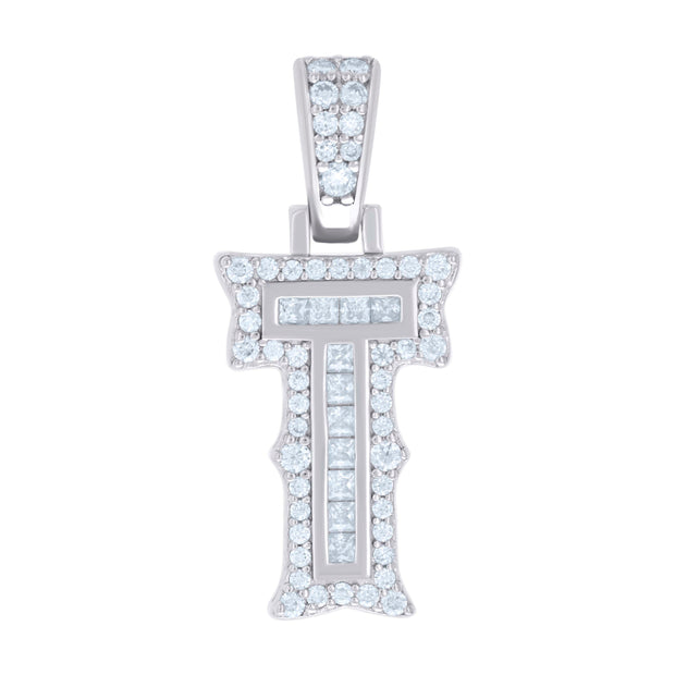 925 Sterling Silver Unisex Baguette Round Moissanite 0.44ct Initial Alphabet T Charm Pendant