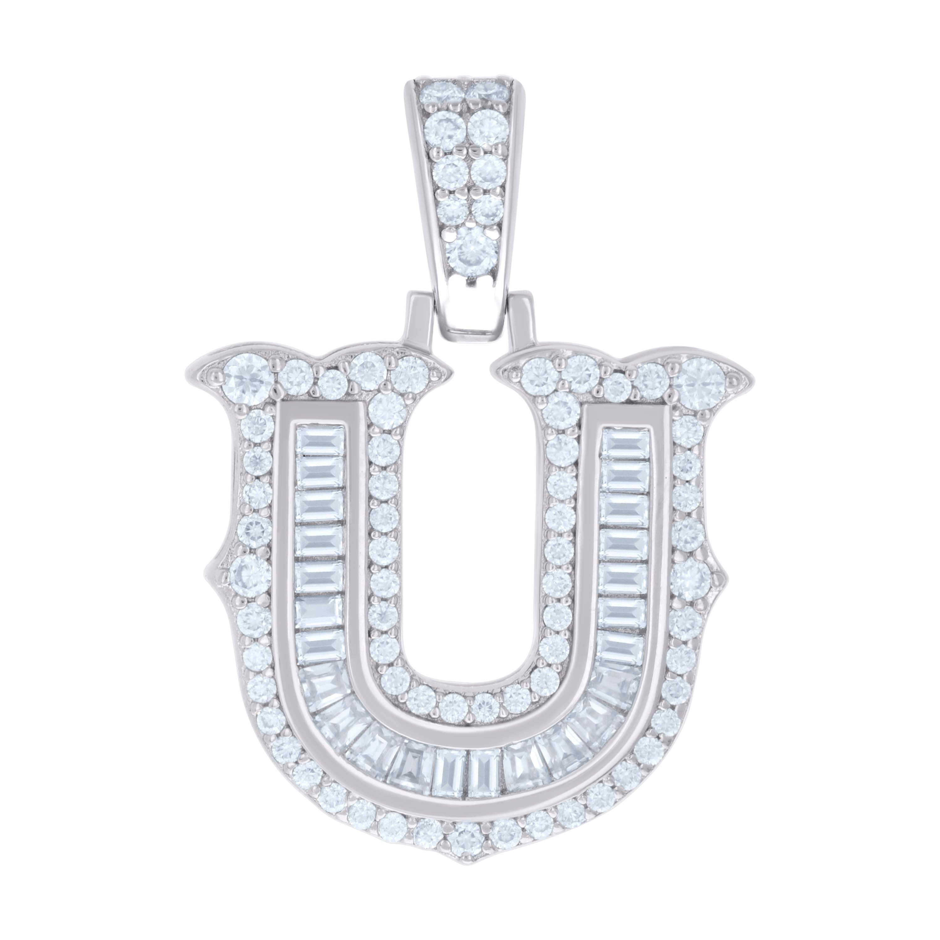 925 Sterling Silver Unisex Baguette Round Moissanite 0.61ct Initial Alphabet U Charm Pendant