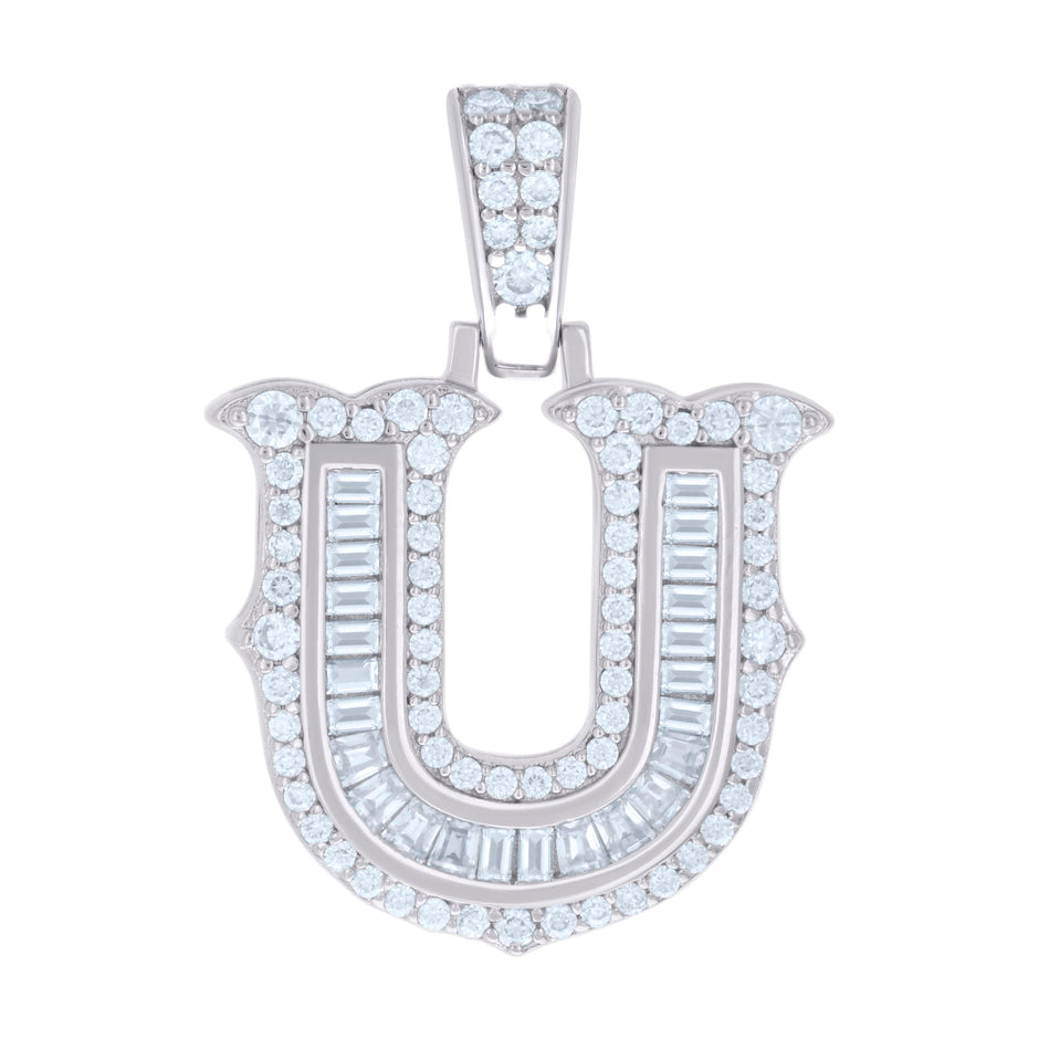 925 Sterling Silver Unisex Baguette Round Moissanite 0.61ct Initial Alphabet U Charm Pendant
