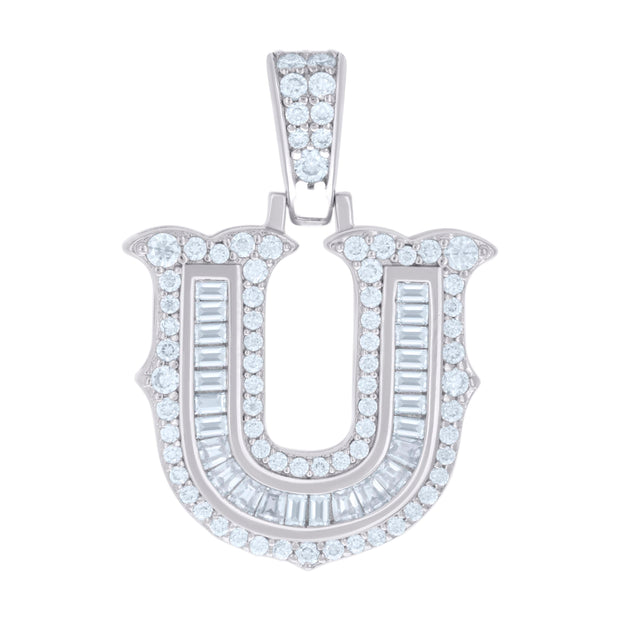 925 Sterling Silver Unisex Baguette Round Moissanite 0.61ct Initial Alphabet U Charm Pendant