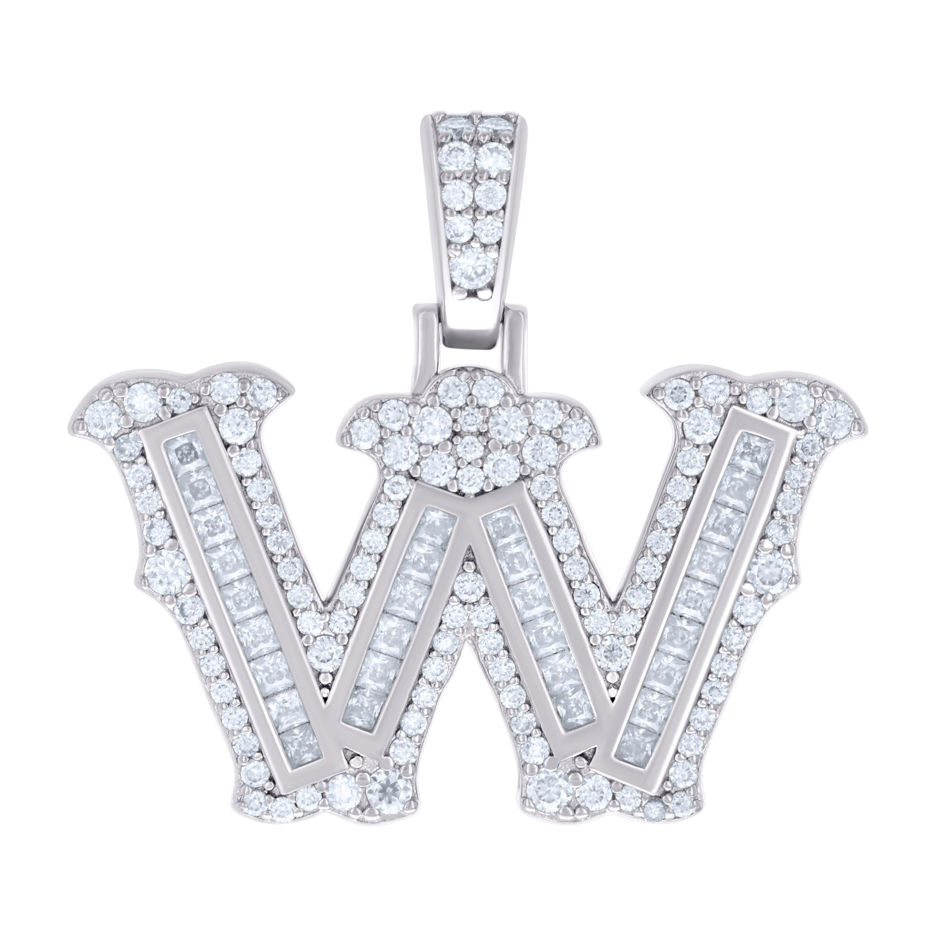 925 Sterling Silver Unisex Baguette Round Moissanite 0.97ct Initial Alphabet W Charm Pendant