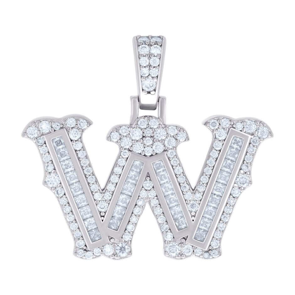 925 Sterling Silver Unisex Baguette Round Moissanite 0.97ct Initial Alphabet W Charm Pendant