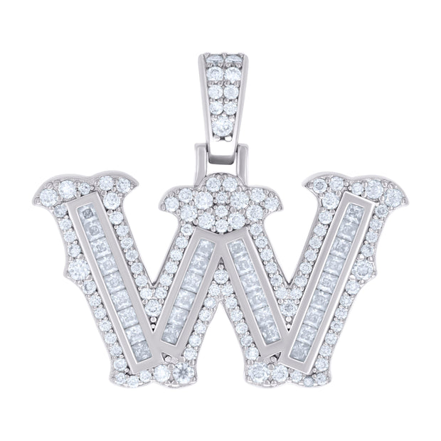 925 Sterling Silver Unisex Baguette Round Moissanite 0.97ct Initial Alphabet W Charm Pendant