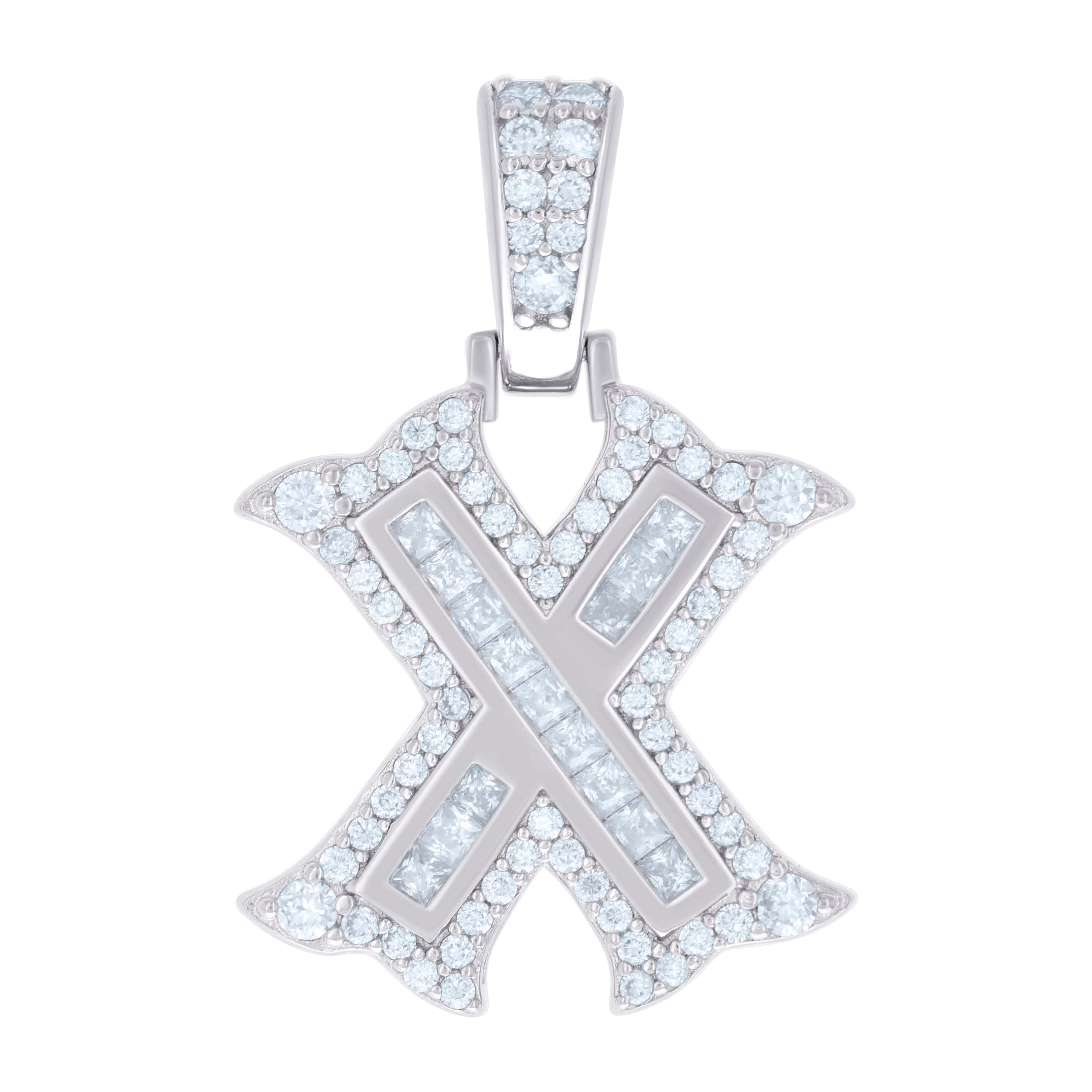 925 Sterling Silver Unisex Baguette Round Moissanite 0.57ct Initial Alphabet X Charm Pendant