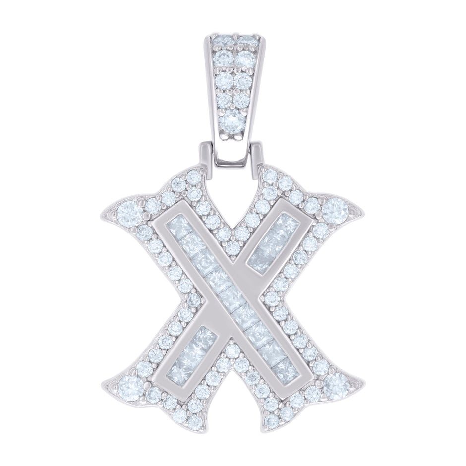 925 Sterling Silver Unisex Baguette Round Moissanite 0.57ct Initial Alphabet X Charm Pendant
