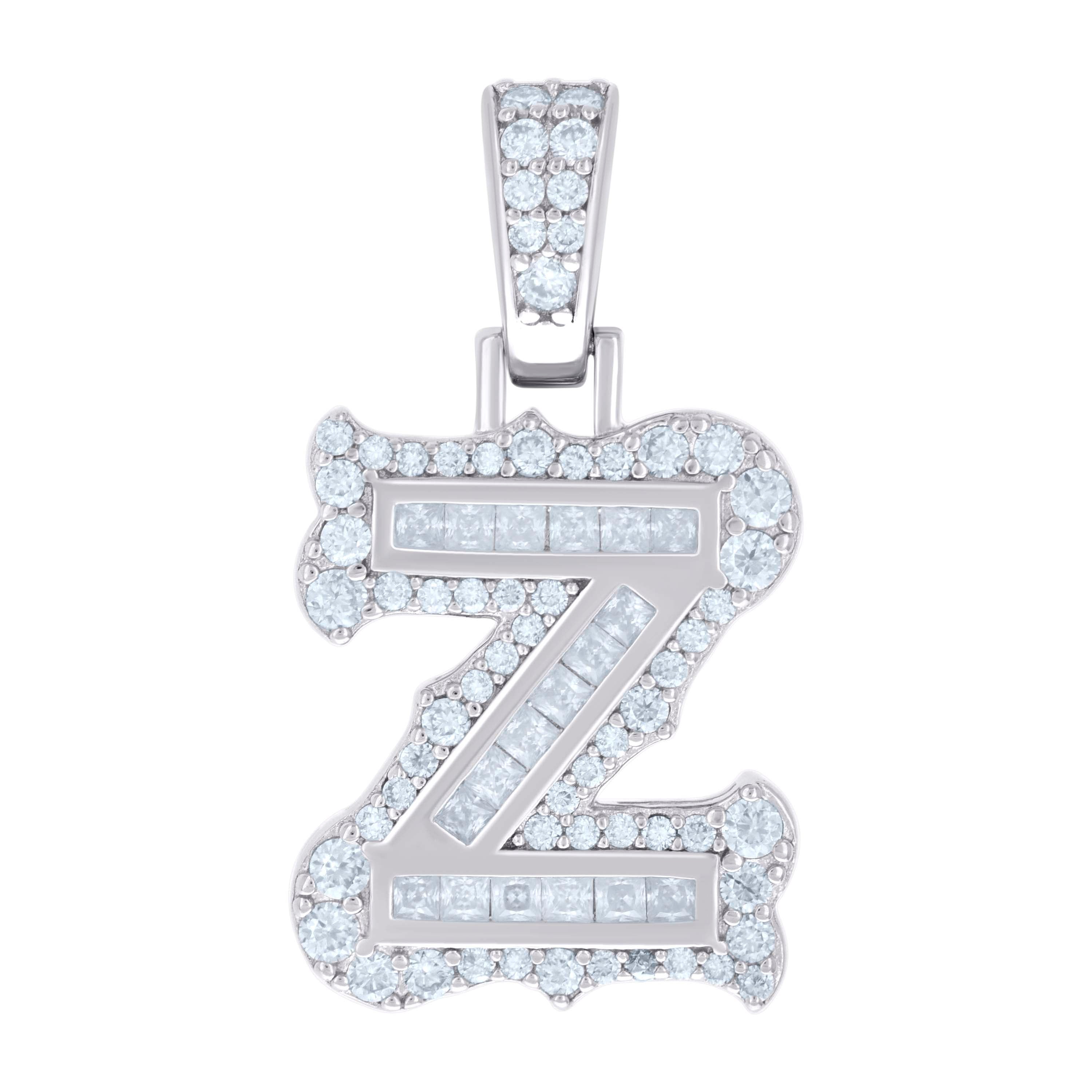 925 Sterling Silver Unisex Baguette Round Moissanite 0.70ct Initial Alphabet Z Charm Pendant
