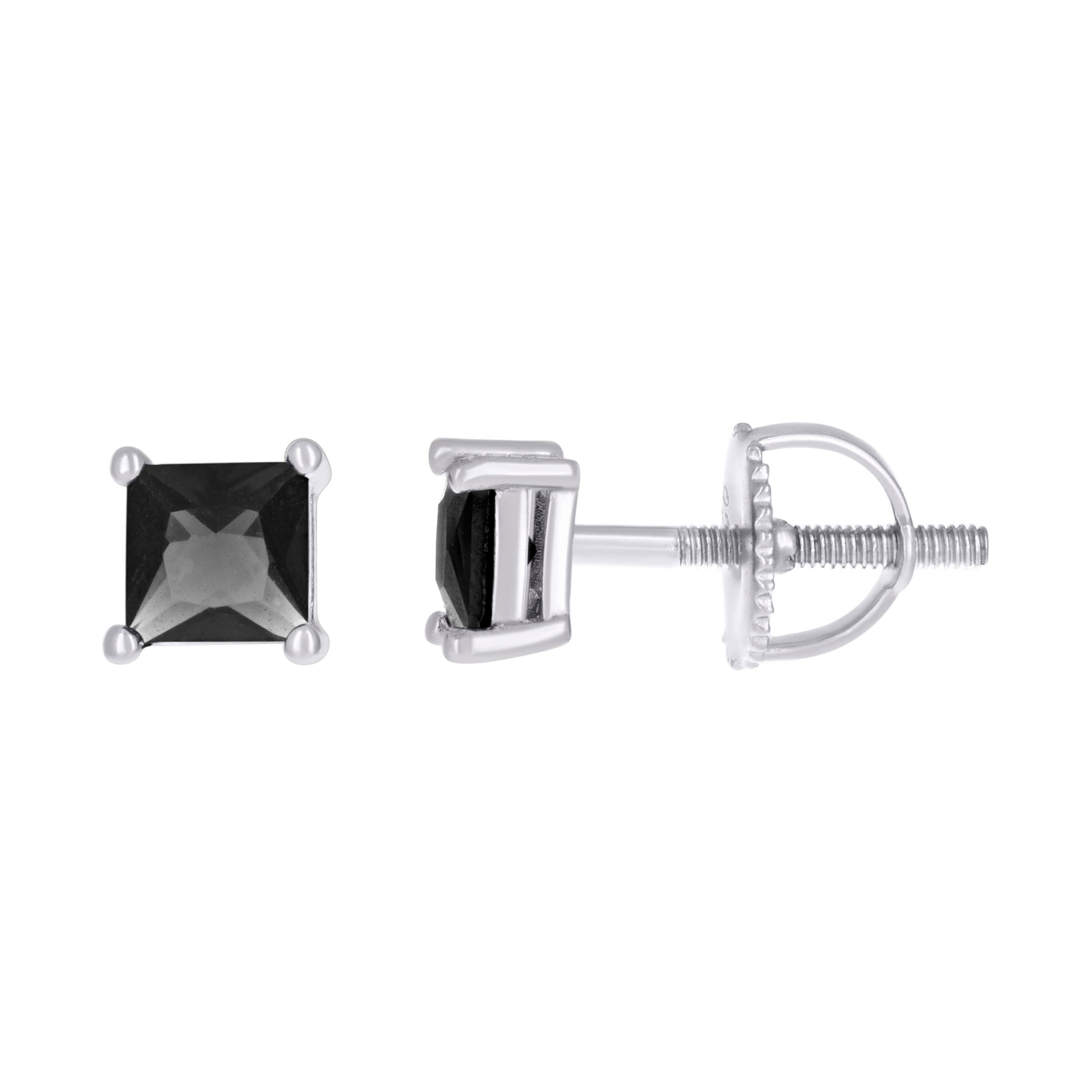 925 Sterling Silver Unisex Black Princess-Cut Cubic-Zirconia 4mm Square Solitaire Stud Earrings
