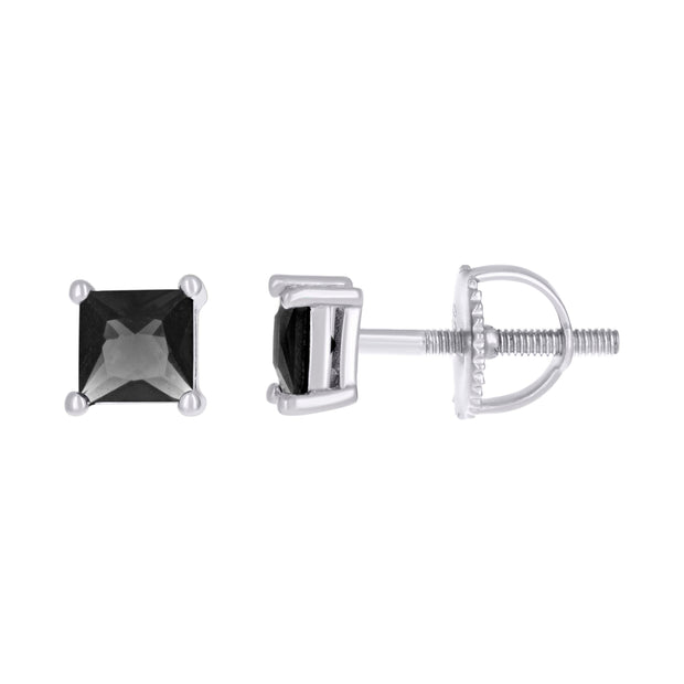 925 Sterling Silver Unisex Black Princess-Cut Cubic-Zirconia 4mm Square Solitaire Stud Earrings