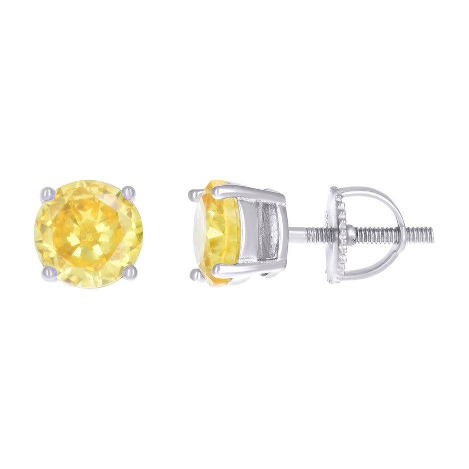 925 Sterling Silver Unisex Yellow Cubic-Zirconia 6mm Solitaire Stud Earrings