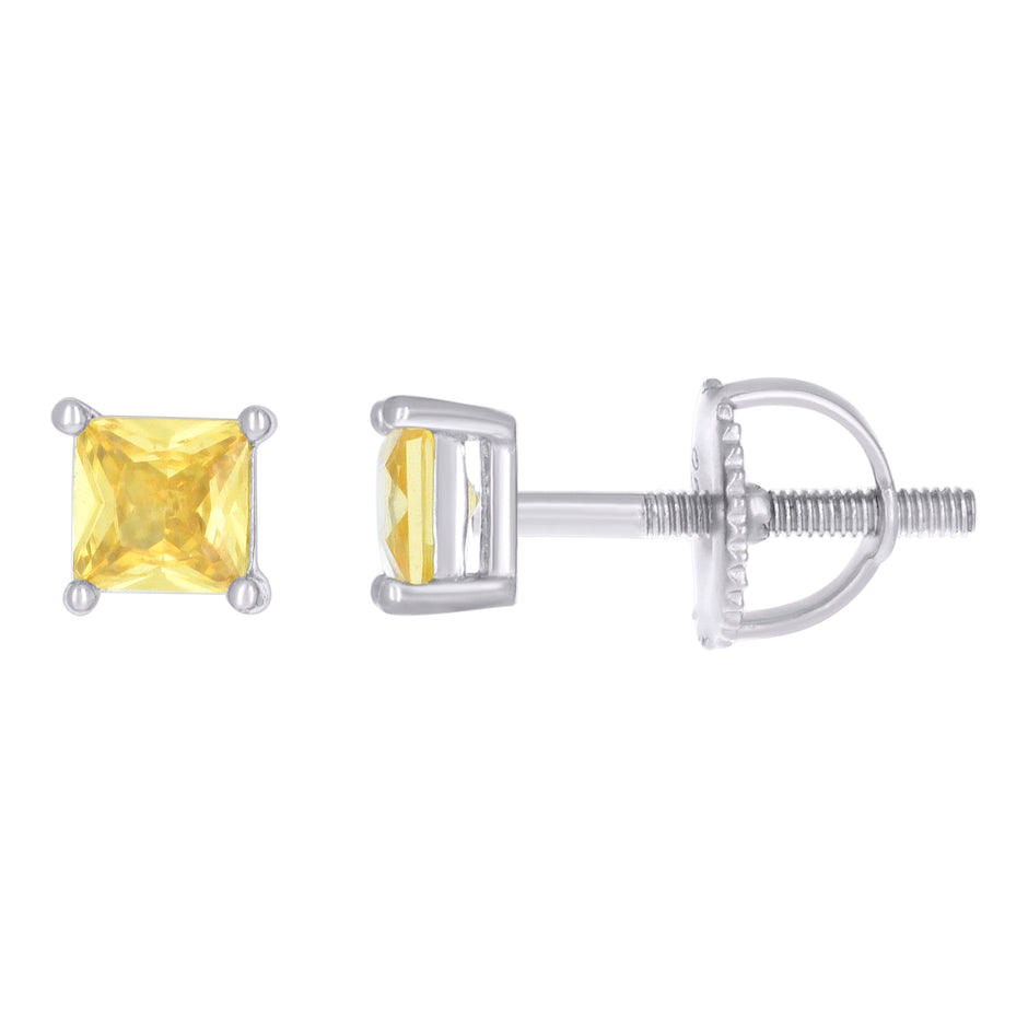 925 Sterling Silver Unisex Yellow Princess-Cut Cubic-Zirconia 4mm Square Solitaire Stud Earrings