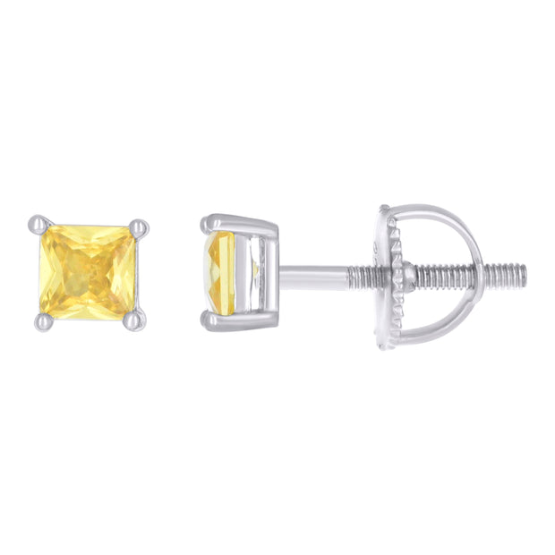 925 Sterling Silver Unisex Yellow Princess-Cut Cubic-Zirconia 4mm Square Solitaire Stud Earrings