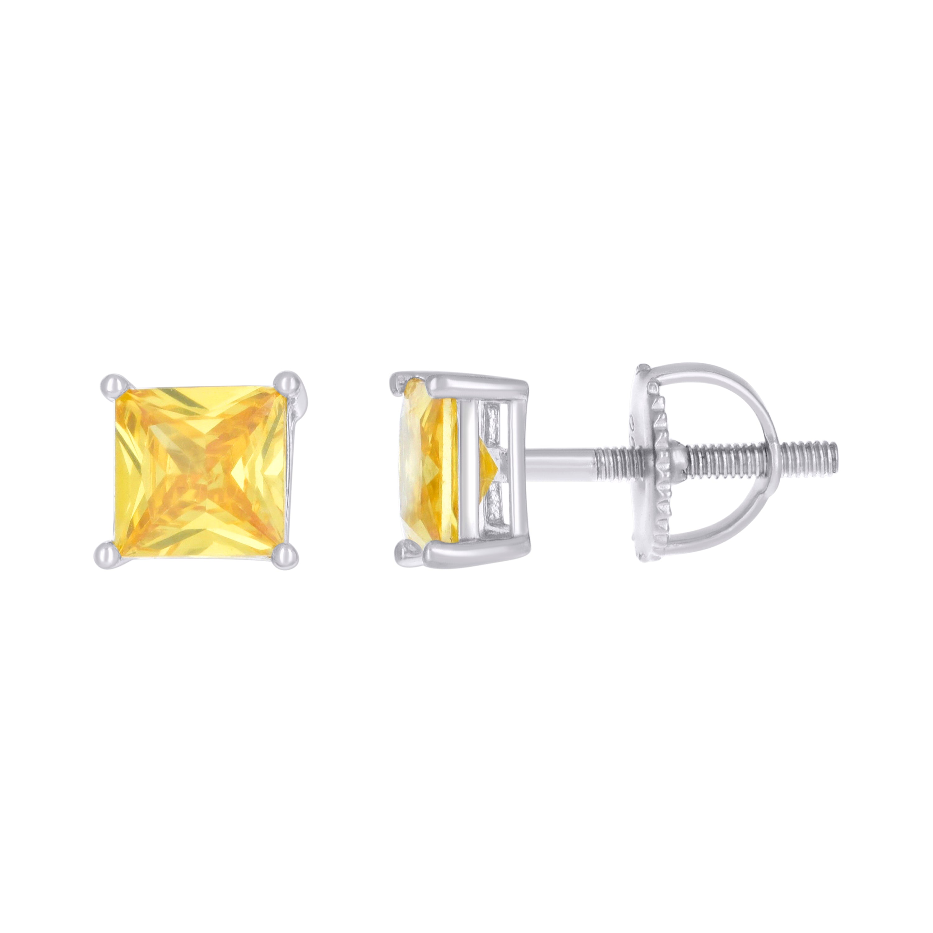925 Sterling Silver Unisex Yellow Princess-Cut Cubic-Zirconia 6mm Square Solitaire Stud Earrings