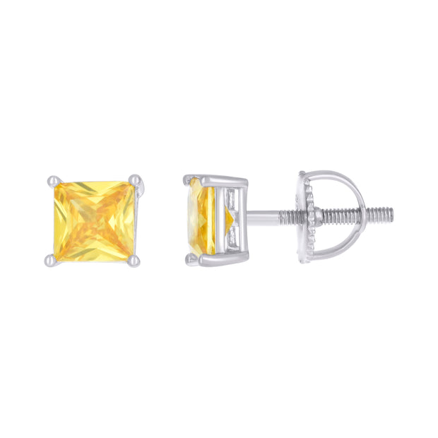 925 Sterling Silver Unisex Yellow Princess-Cut Cubic-Zirconia 6mm Square Solitaire Stud Earrings