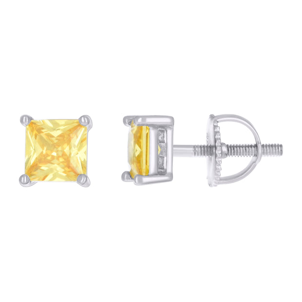 925 Sterling Silver Unisex Yellow Princess-Cut Cubic-Zirconia 5mm Square Solitaire Stud Earrings