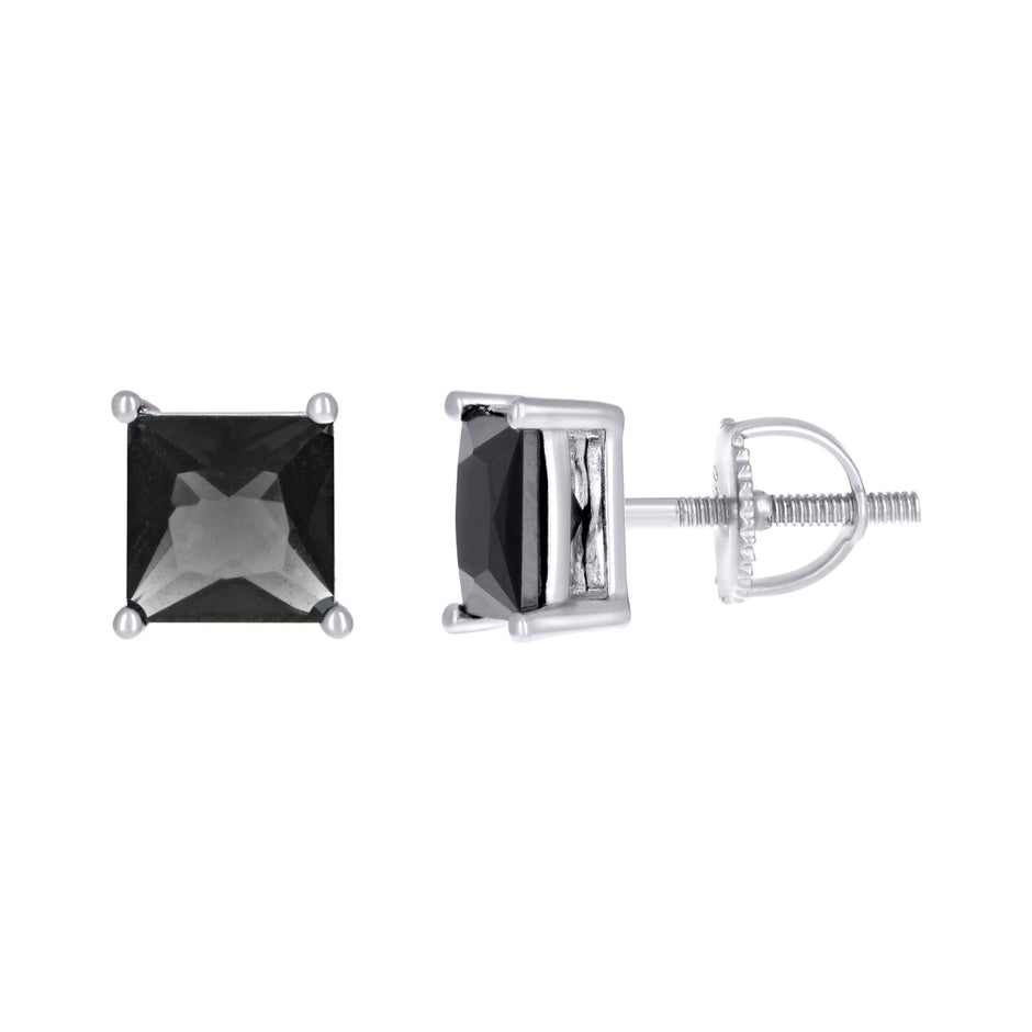 925 Sterling Silver Unisex Black Princess-Cut Cubic-Zirconia 6mm Square Solitaire Stud Earrings