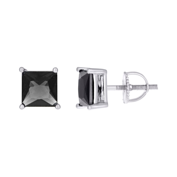 925 Sterling Silver Unisex Black Princess-Cut Cubic-Zirconia 6mm Square Solitaire Stud Earrings