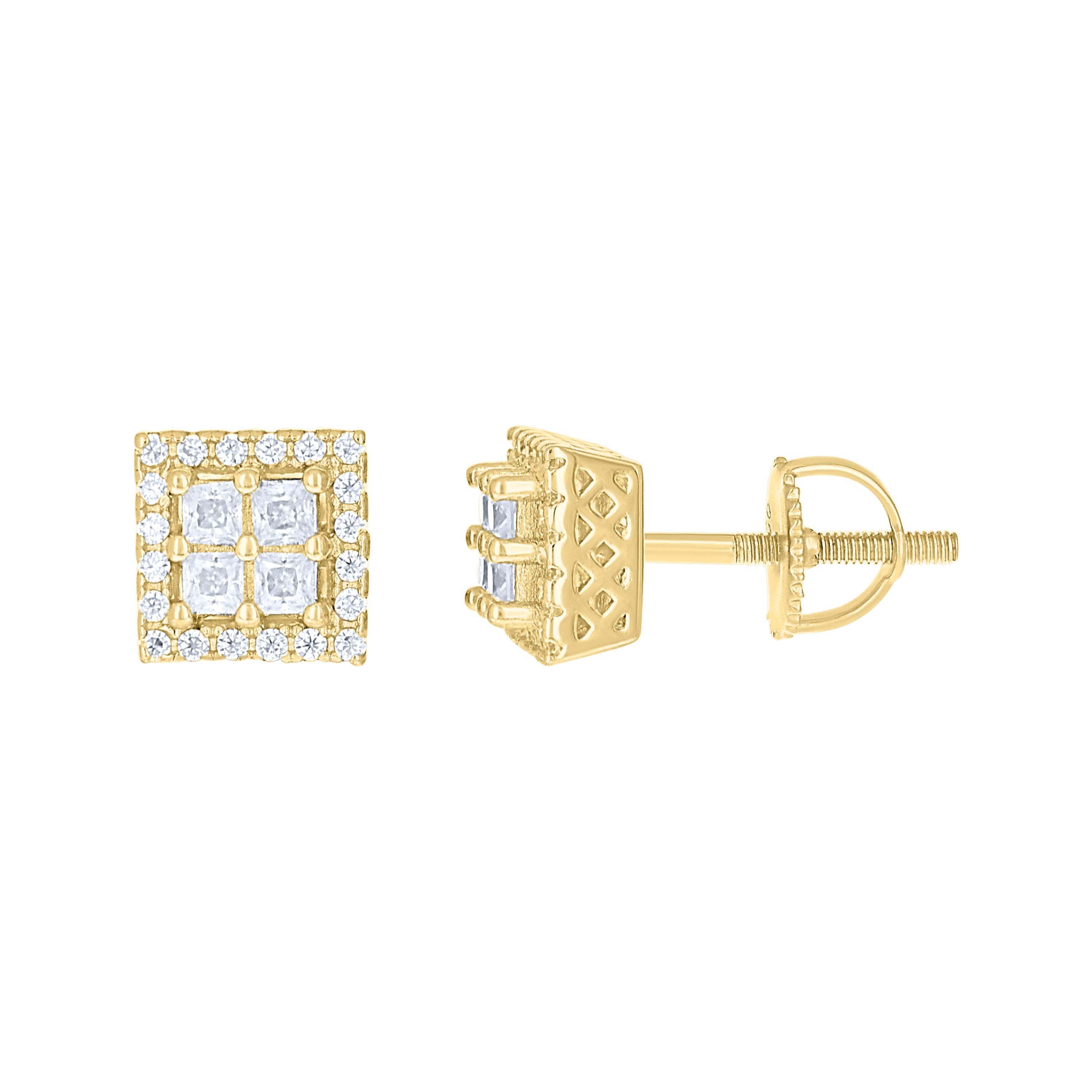 925 Sterling Silver Yellow-tone Womens Baguette Round 0.97ct Moissanite Square Fashion Stud Earrings 