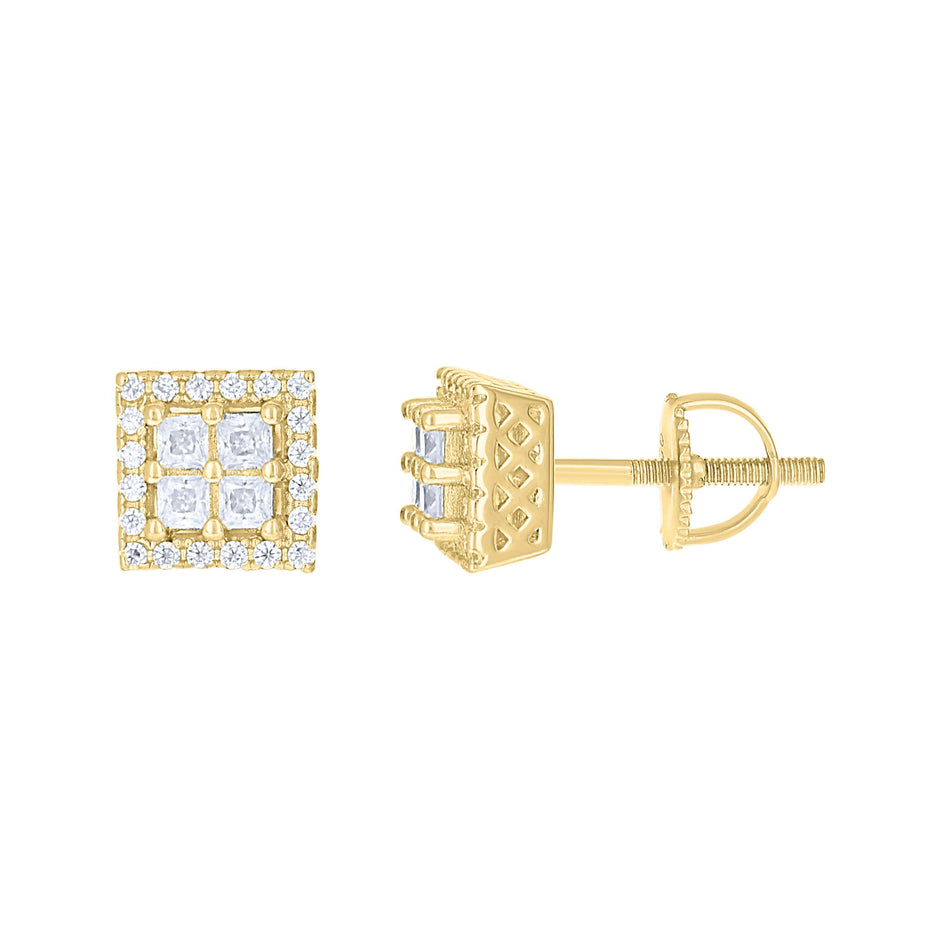 925 Sterling Silver Yellow-tone Womens Baguette Round 0.97ct Moissanite Square Fashion Stud Earrings 