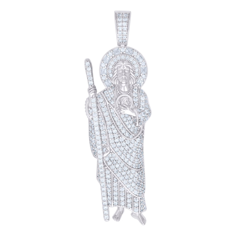 925 Sterling Silver Unisex Round Baguette Cubic-Zirconia ST. Jude Religious Charm Pendant