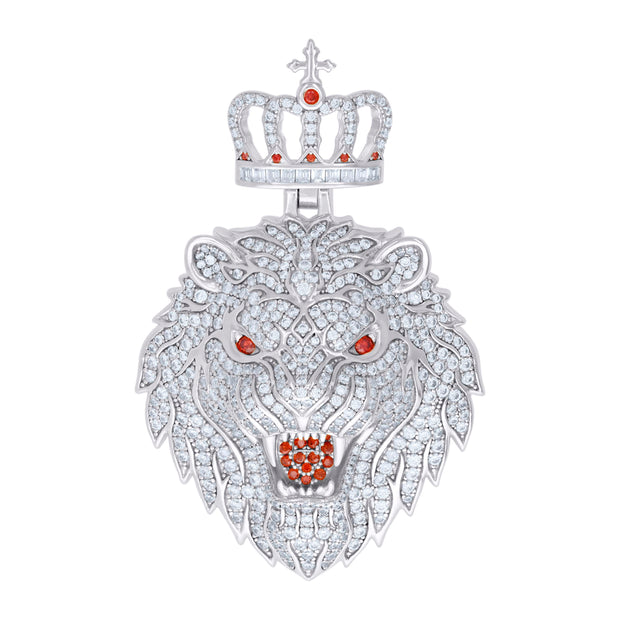 925 Sterling Silver Mens White Red Cubic-Zirconia King Lion Animal Wildlife Charm Pendant