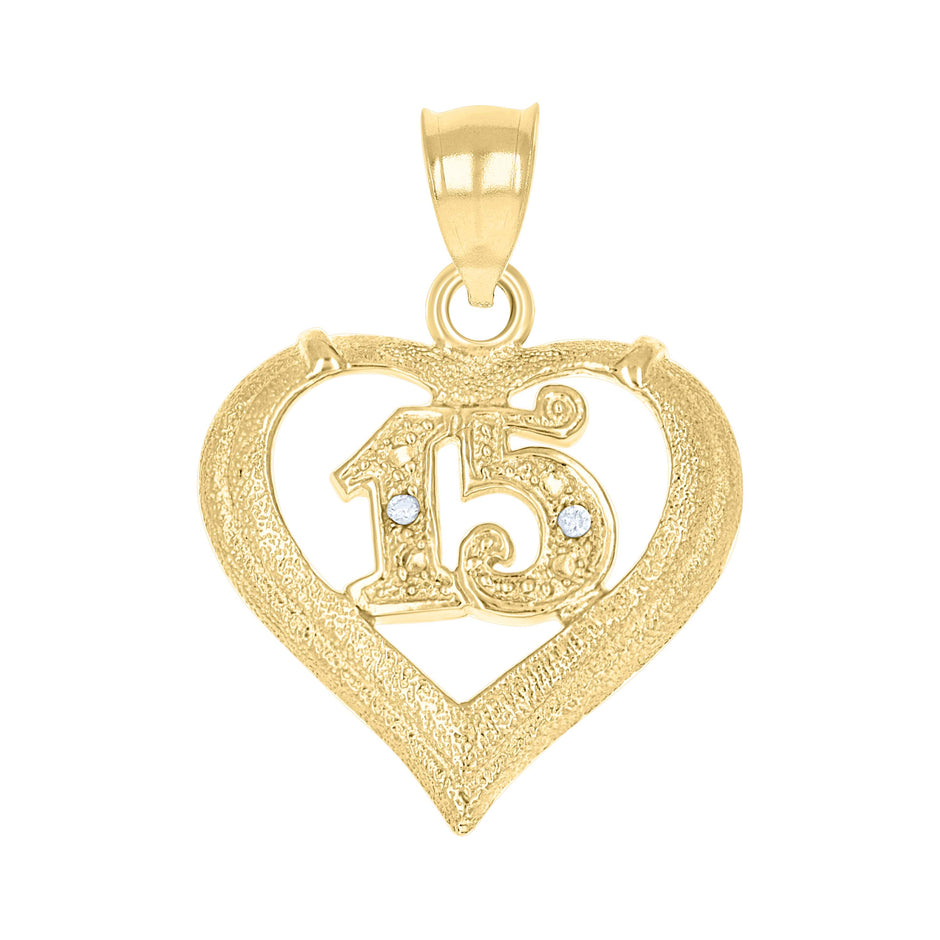 10kt Two-Tone Gold Cubic-Zirconia Womens 15 Anos Heart Quinceanera Charm Pendant