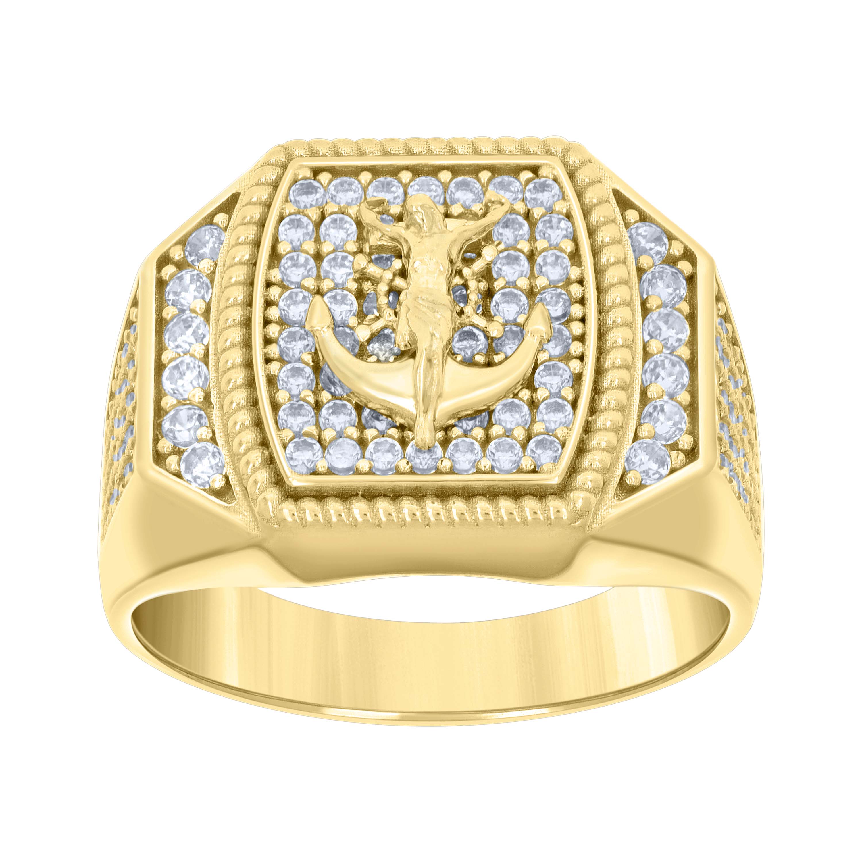 14kt Yellow Gold Mens Cubic-Zirconia Anchor Crucifix Religious Ring 