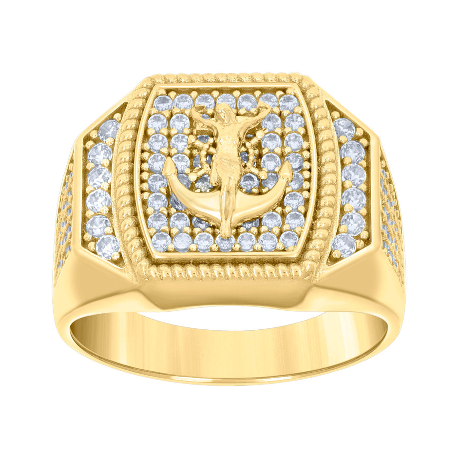 14kt Yellow Gold Mens Cubic-Zirconia Anchor Crucifix Religious Ring 