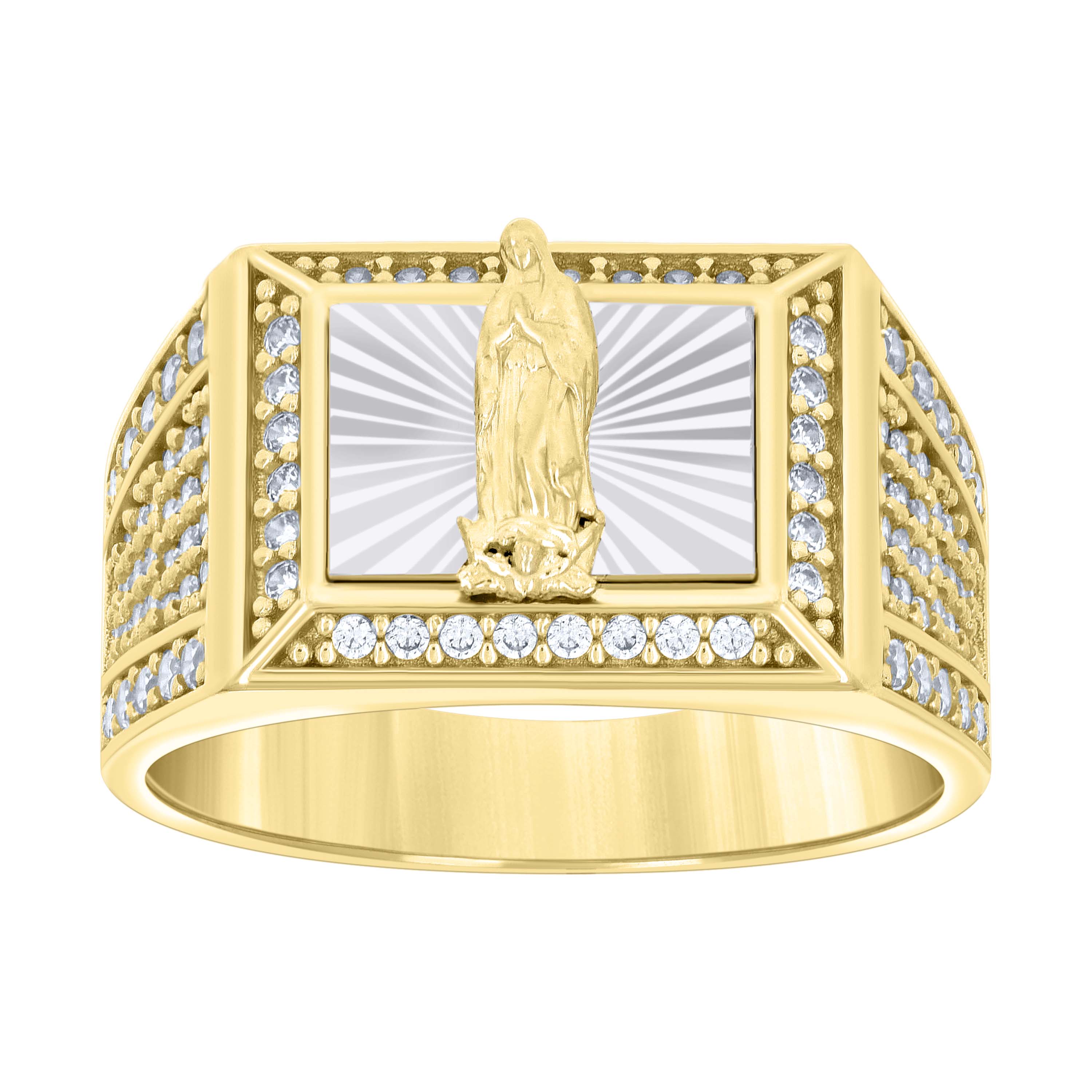 14kt Two-tone Gold Mens Cubic-Zirconia Guadalupe Religious Ring 