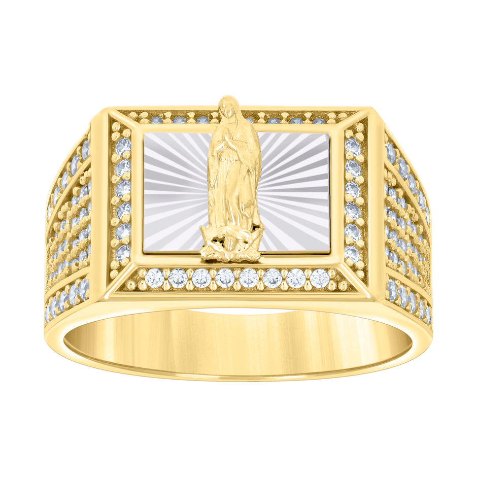 14kt Two-tone Gold Mens Cubic-Zirconia Guadalupe Religious Ring 