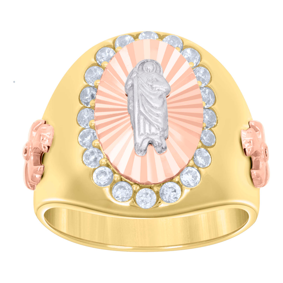 14kt Two-tone Gold Mens Cubic-Zirconia Oval St. Jude Diamond-Cut Religious Ring 
