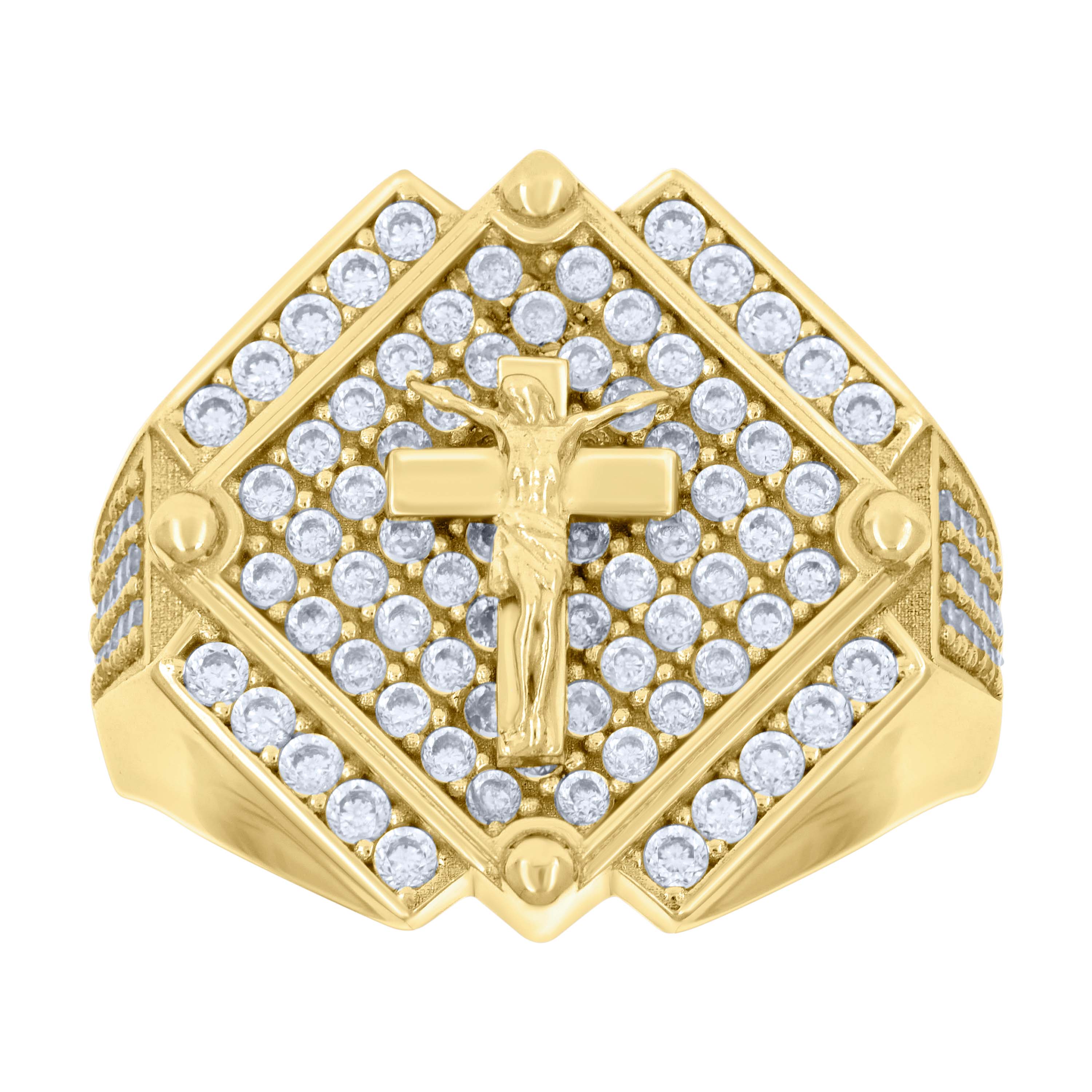 14kt Yellow Gold Mens Cubic-Zirconia Crucifix Cross Religious Ring 