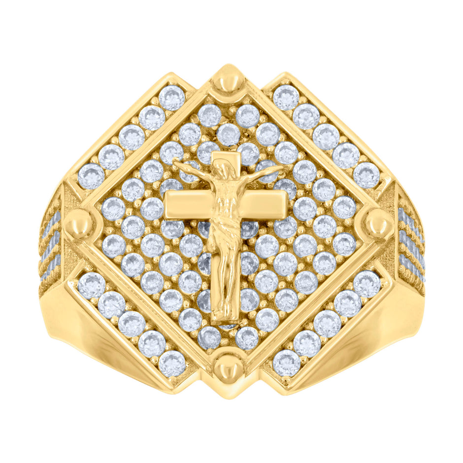 14kt Yellow Gold Mens Cubic-Zirconia Crucifix Cross Religious Ring 