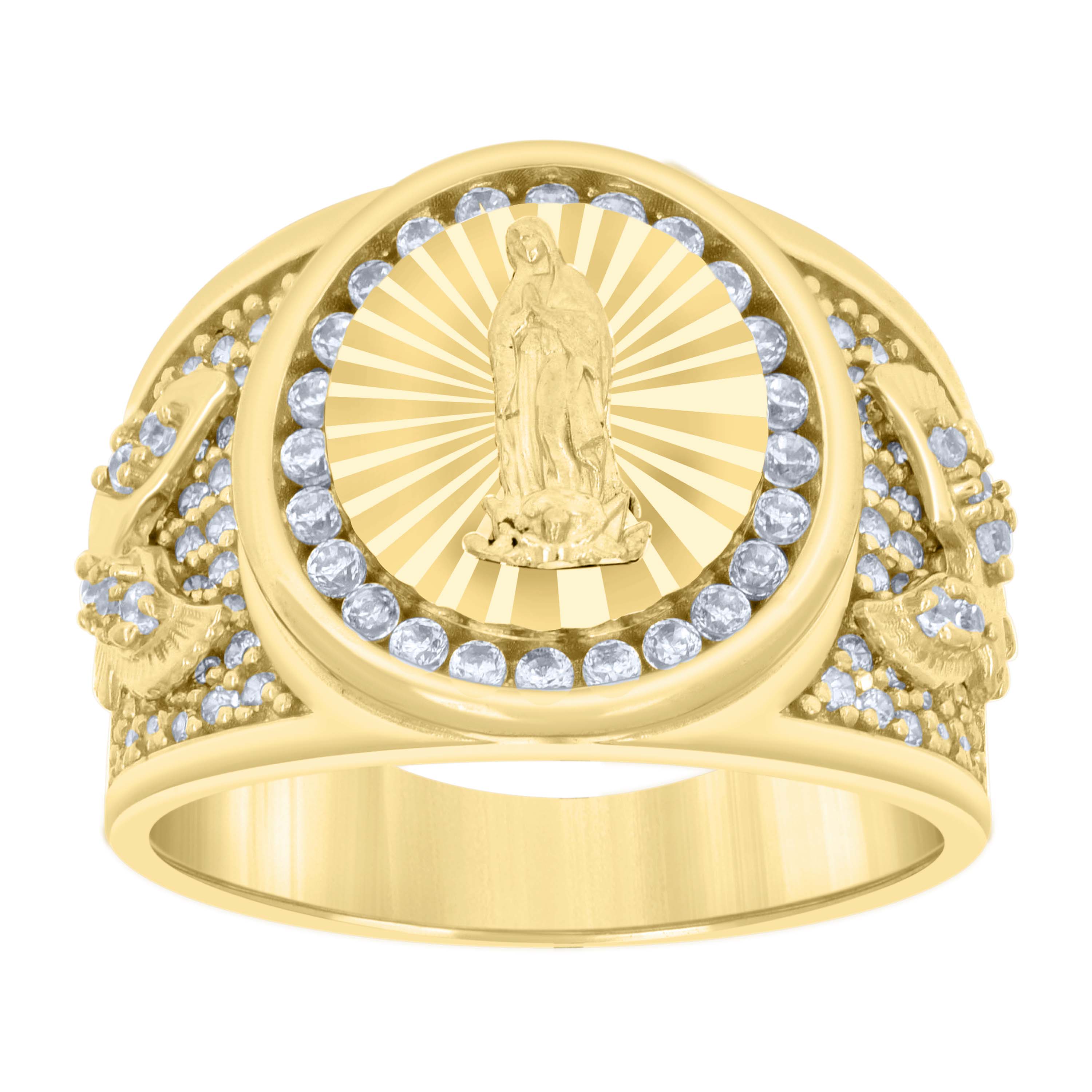 14kt Yellow Gold Mens Cubic-Zirconia Guadalupe Diamond-Cut Religious Ring 