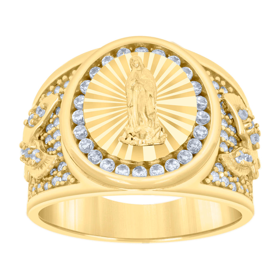 14kt Yellow Gold Mens Cubic-Zirconia Guadalupe Diamond-Cut Religious Ring 