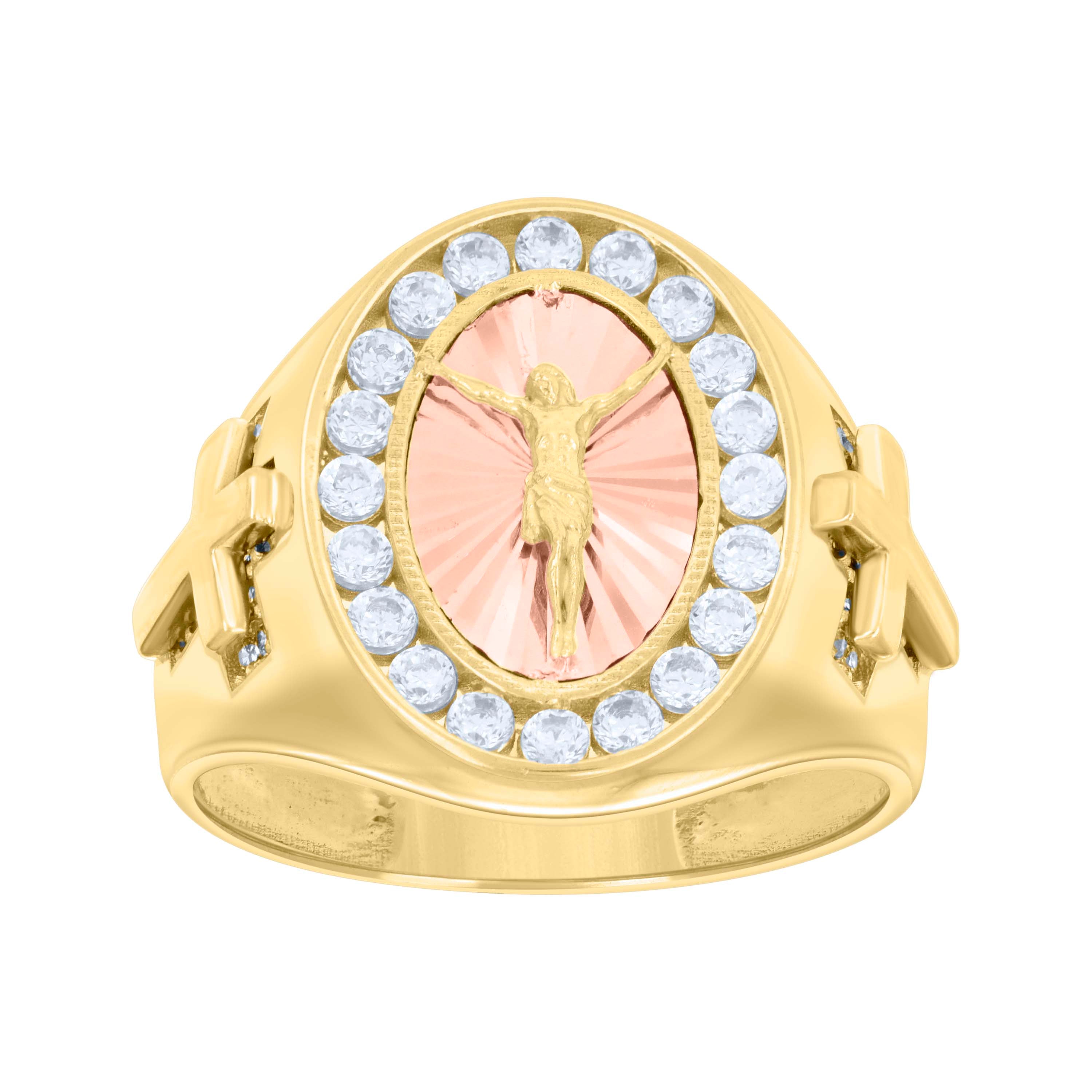 14kt Two-tone Gold Mens Cubic-Zirconia Oval Crucifix Cross Diamond-Cut Religious Ring 