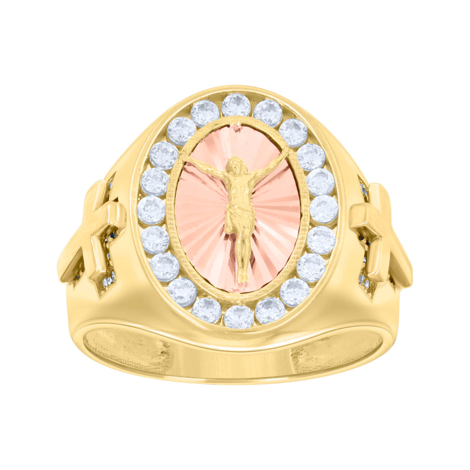 14kt Two-tone Gold Mens Cubic-Zirconia Oval Crucifix Cross Diamond-Cut Religious Ring 