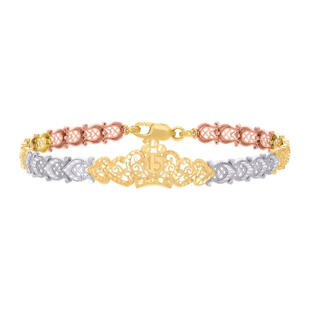 14kt Tri-Color Gold Womens Crown 15 Anos Quinceanera Charm Bracelet 