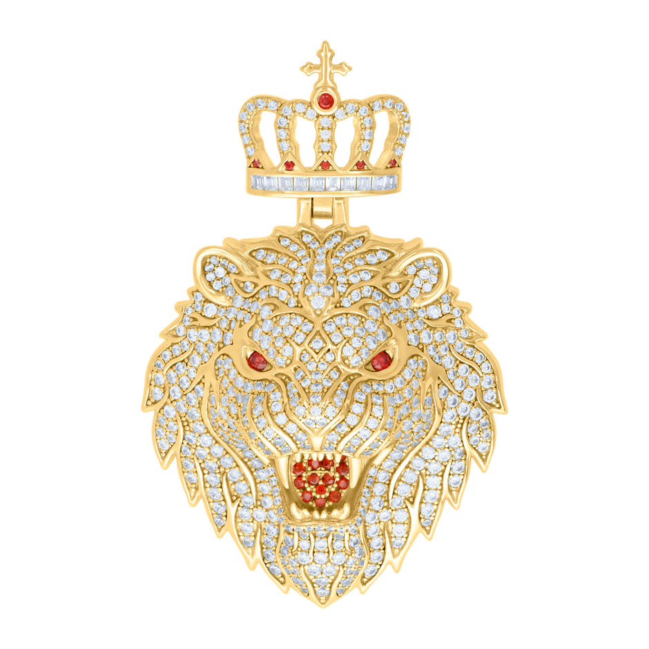925 Sterling Silver Yellow-tone Mens Red White Baguette Round Cubic-Zirconia Leo/Lion Head Pendant
