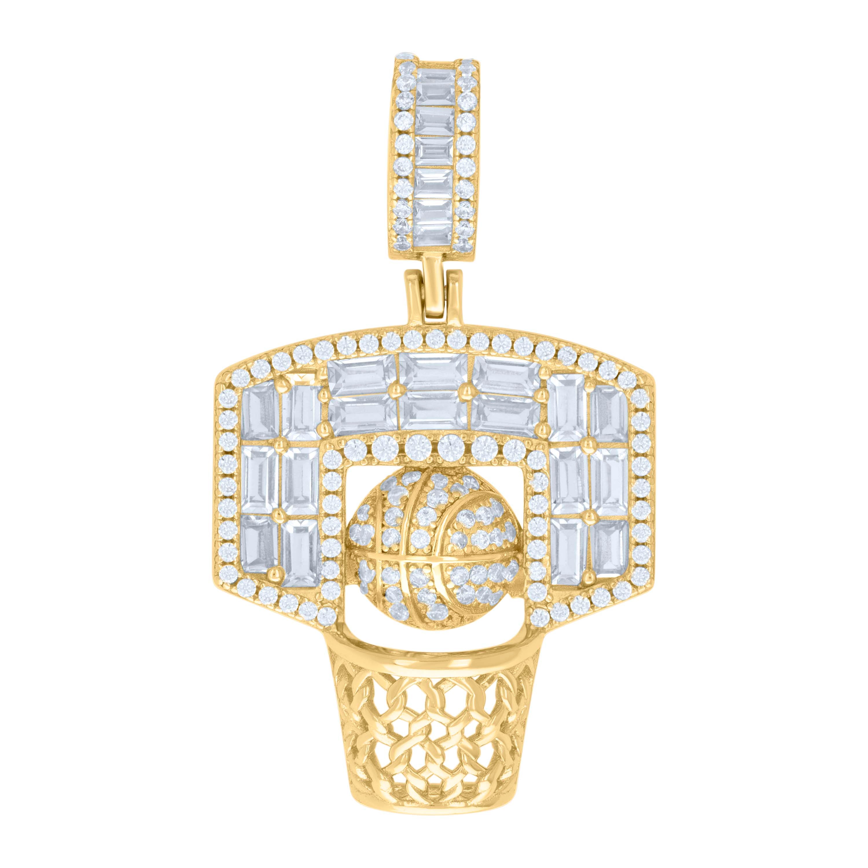 925 Sterling Silver Yellow-tone Mens Baguette Round Cubic-Zirconia Basket Ball Sports Charm Pendant