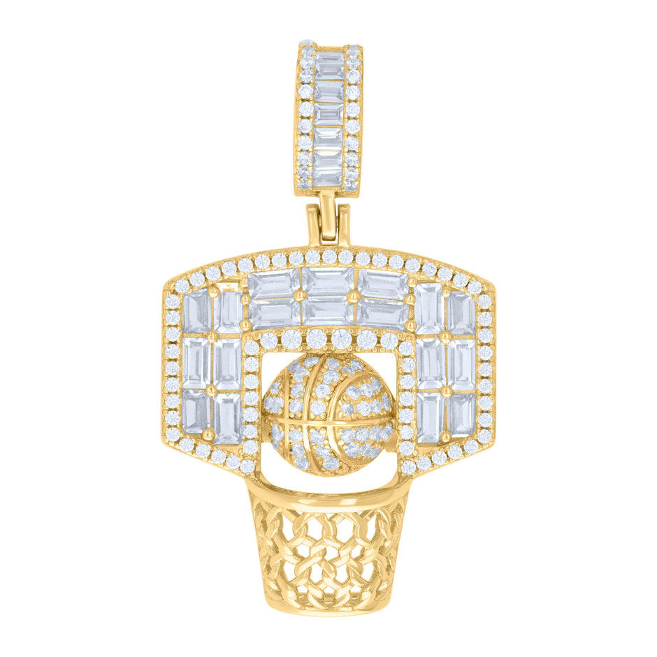 925 Sterling Silver Yellow-tone Mens Baguette Round Cubic-Zirconia Basket Ball Sports Charm Pendant