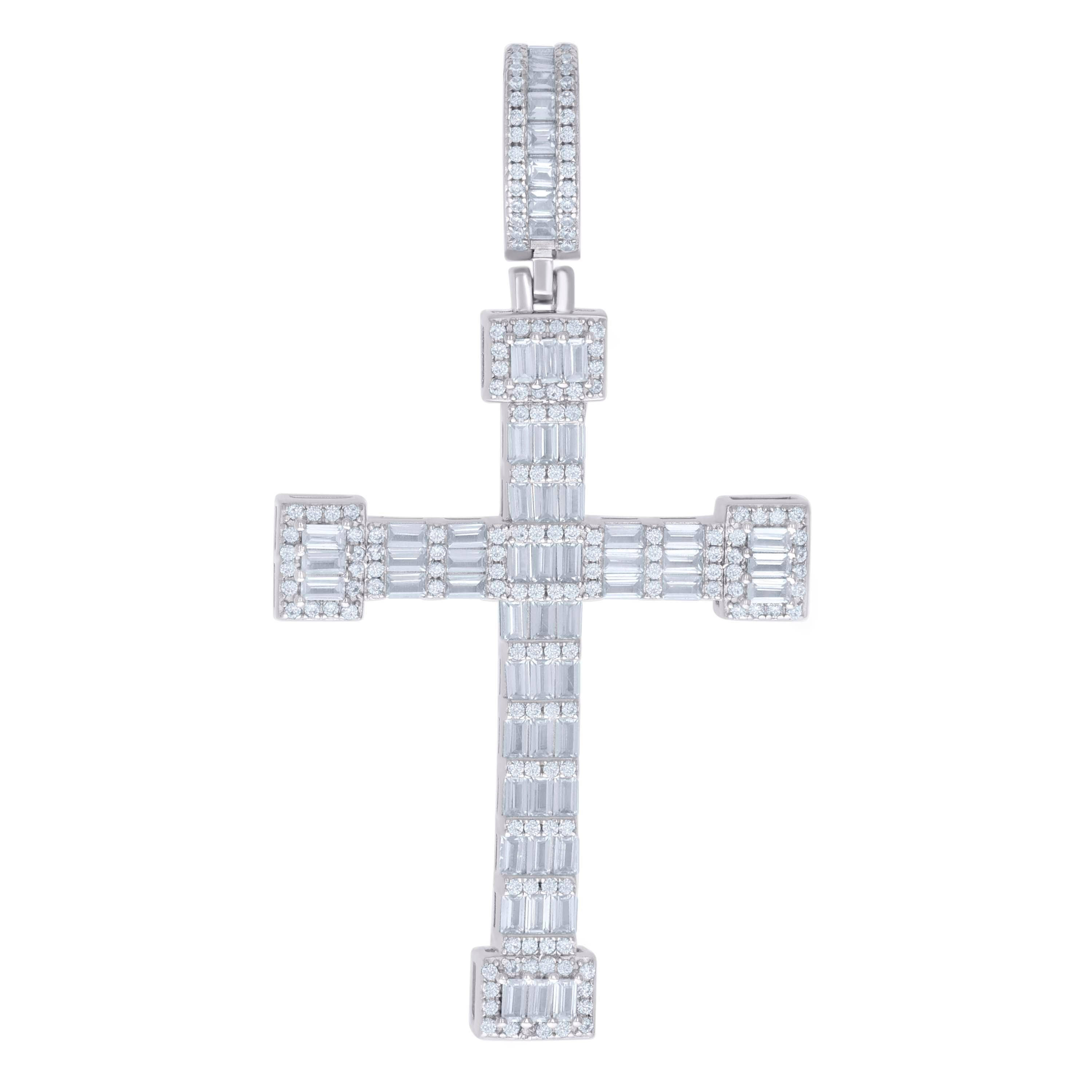 925 Sterling Silver Mens Baguette Round Cubic-Zirconia Cross Religious Charm Pendant