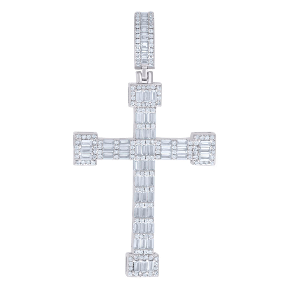925 Sterling Silver Mens Baguette Round Cubic-Zirconia Cross Religious Charm Pendant