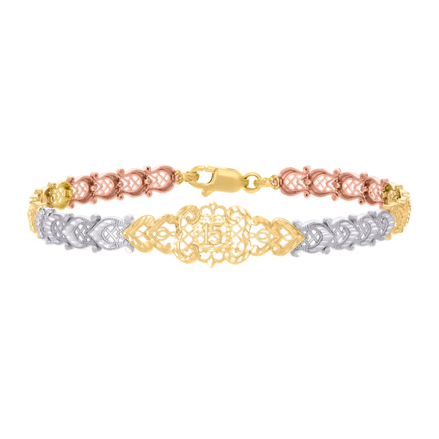 14kt Tri-Color Gold Womens 15 Quinceanera Charm Bracelet 