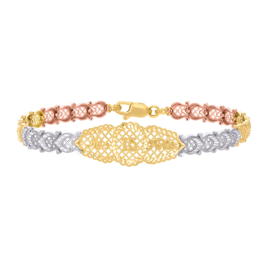 14kt Tri-Color Gold Womens 15 Quinceanera Charm Bracelet 