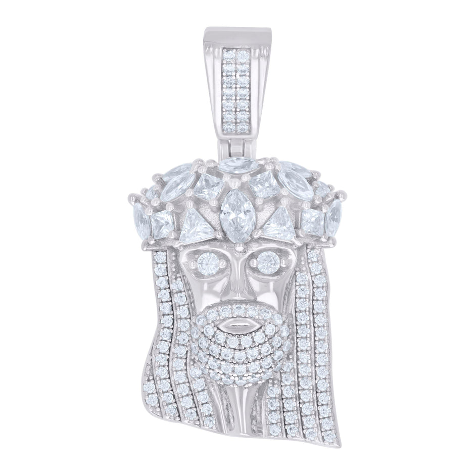 925 Sterling Silver Mens Trillion, Princess-cut, Marquise Round Cubic-Zirconia Jesus Religious Charm Pendant